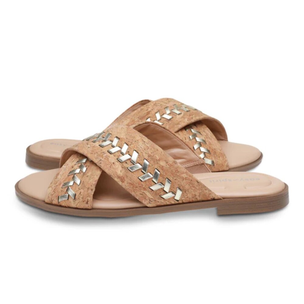 NEW Easy Spirit cork leather silver trim flat sandals  8M 8 Med New in box